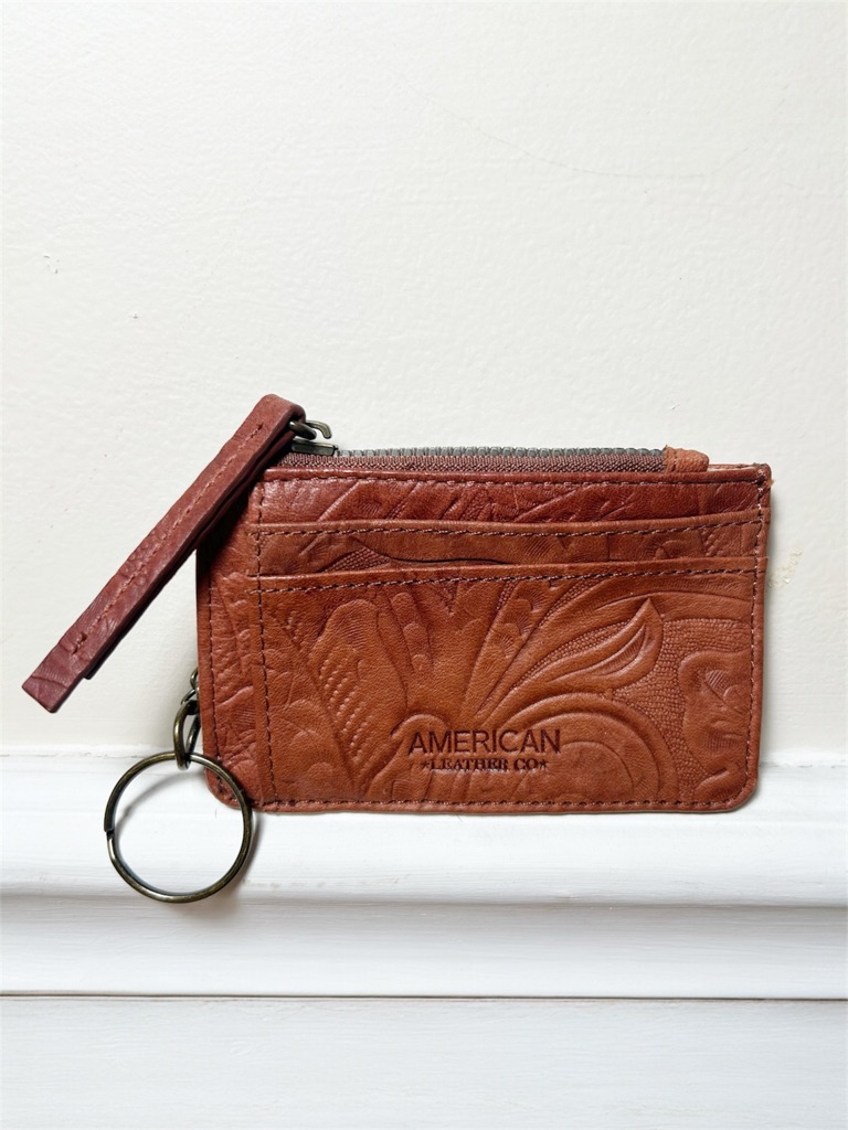 American Leather Co. Portland Card Wallet Tooled Leather Floral Embossed Nwot